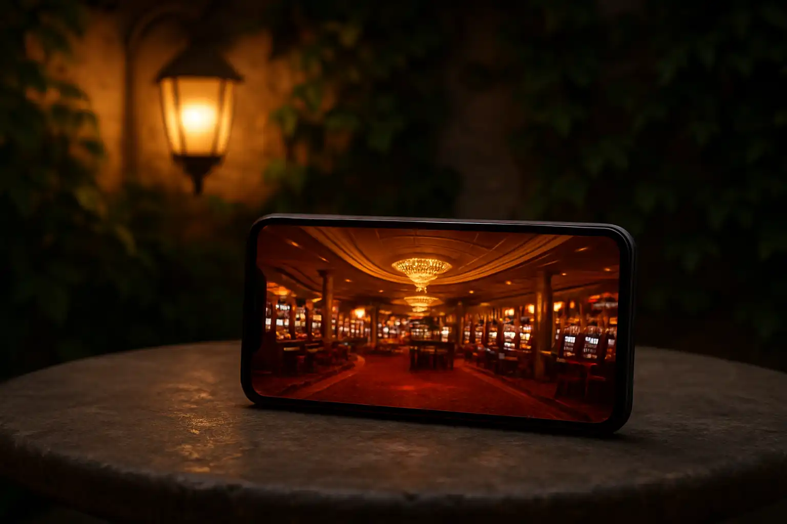 Smartphone displaying the BetVeo Casino mobile lobby on a stone courtyard table